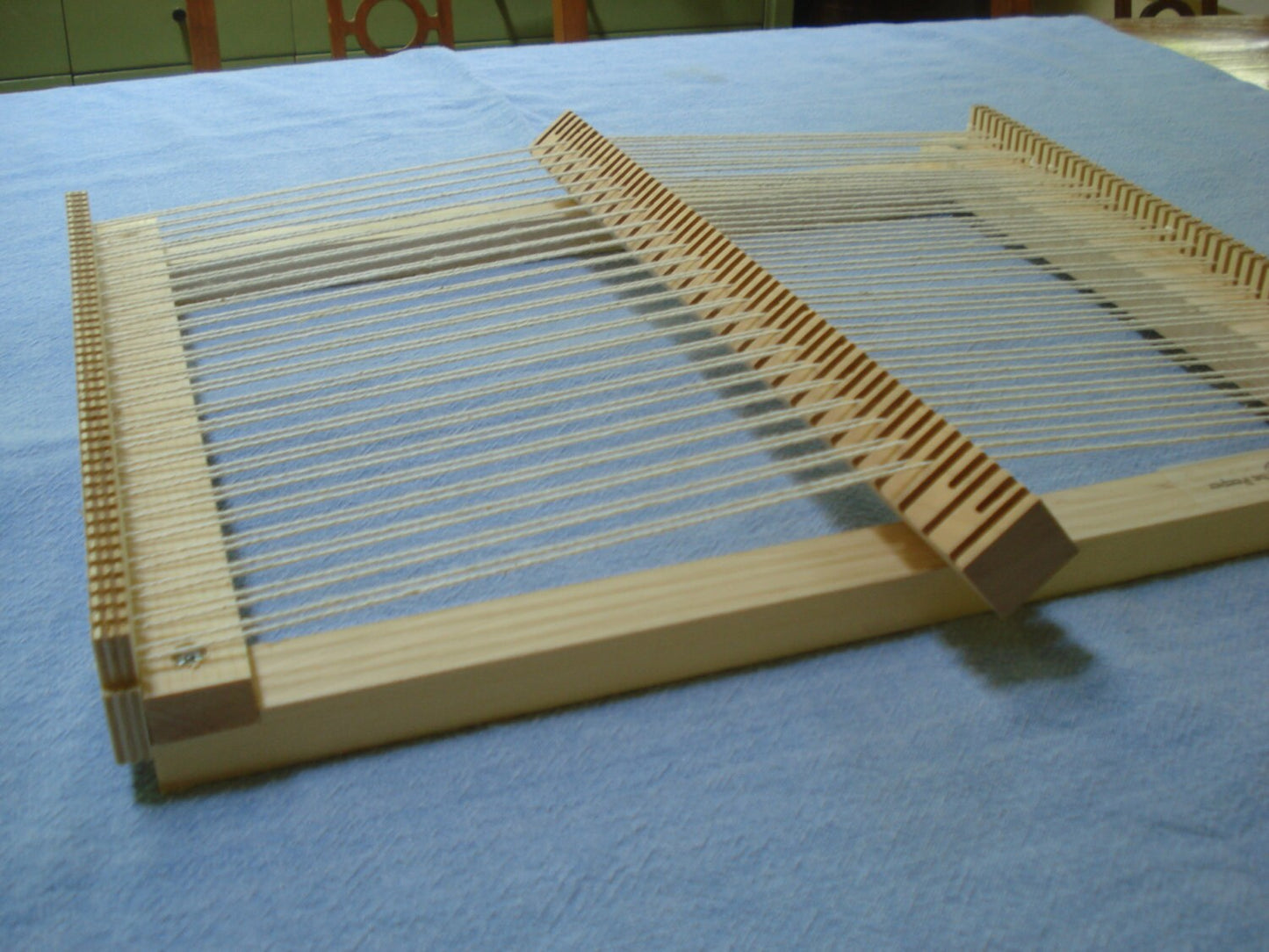 Full Size Rotating Heddle Bar for Wooden Weaving Loom with Yarn. On Dragonfly and Bullfrog Table Top Looms. Lost Pond Looms by Eden Bullrushes Inc.