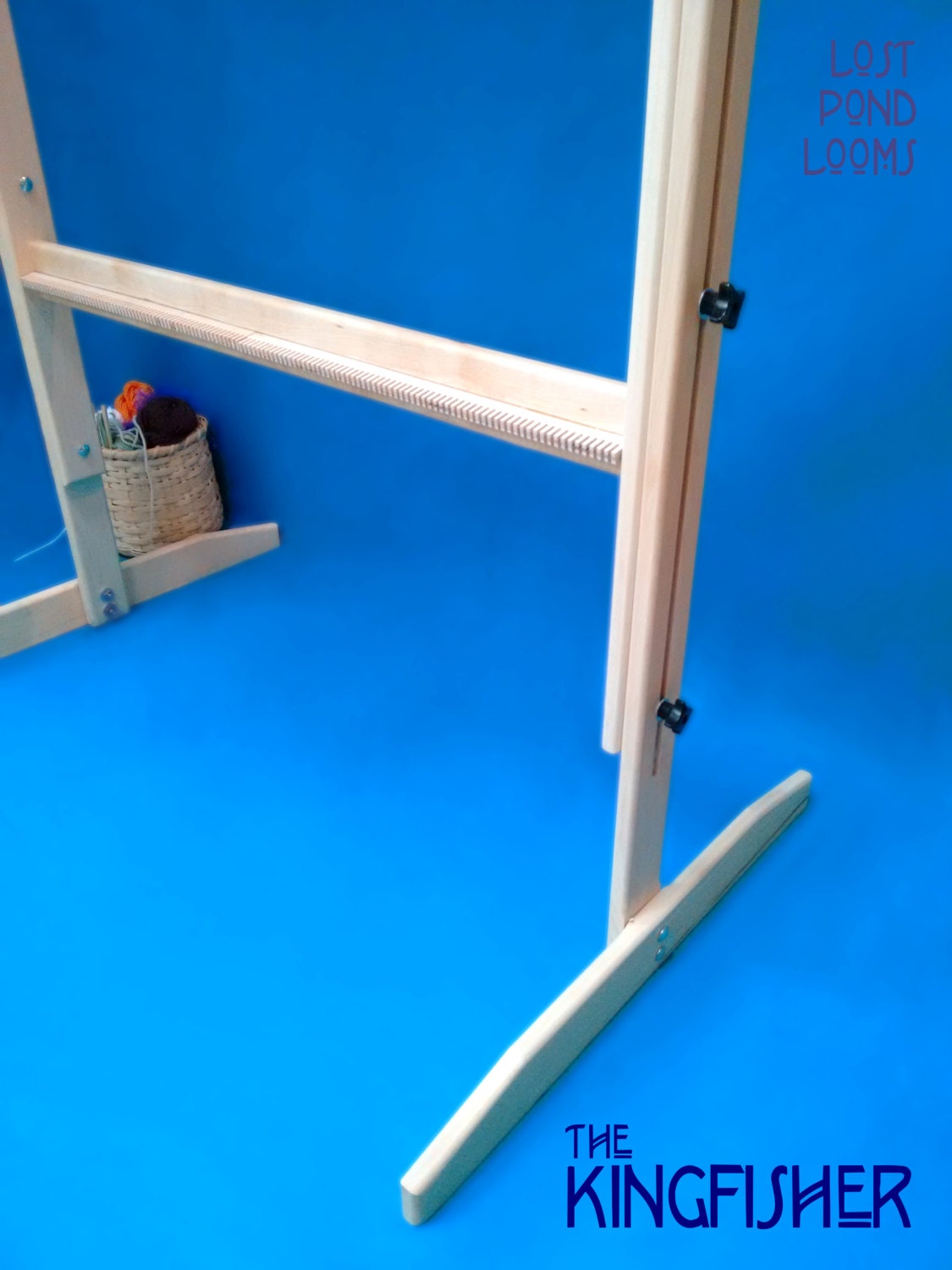 The Kingfisher. Large Frame Vertical Wooden Weaving Loom with Adjustable and Tilt Features. Lost Pond Looms by Eden Bullrushes.